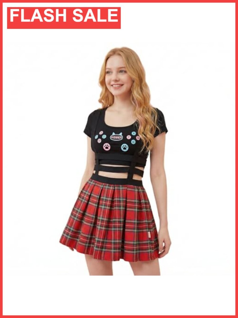 Pleated Mini Skirt A-Line Cotton Adjustable Suspender Casual